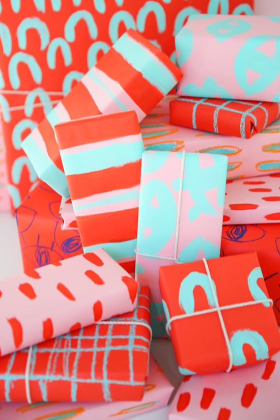 DIY holiday gift wrap for pattern lovers using chalk pastels and acrylic paint