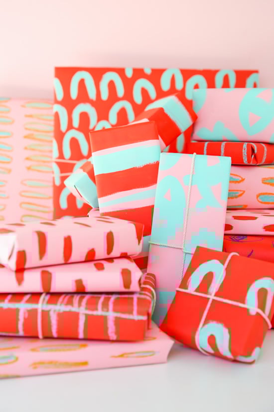 DIY holiday gift wrap for pattern lovers using chalk pastels and acrylic paint