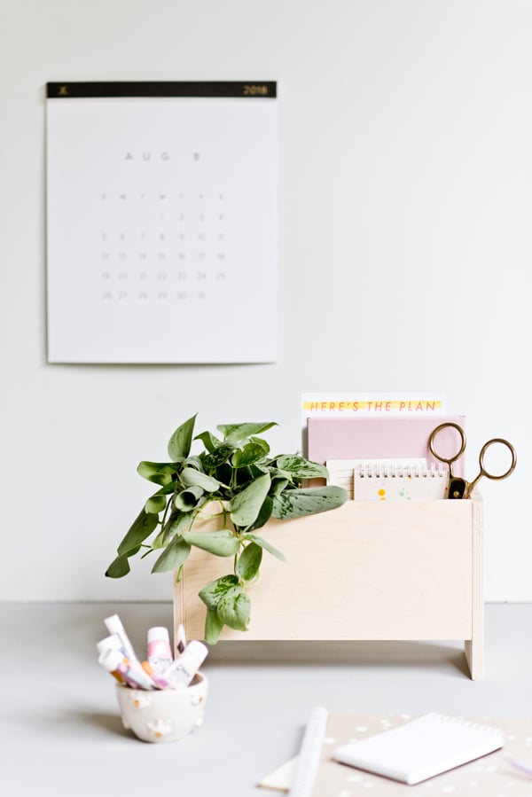 A modern desk organizer made of wood, holding notebooks and a plant.