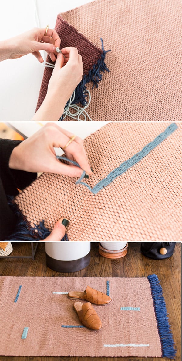 How to customize a plain rug with 2 different embroidery techniques (DIY). #rug #diyrug #entryway #neutrals