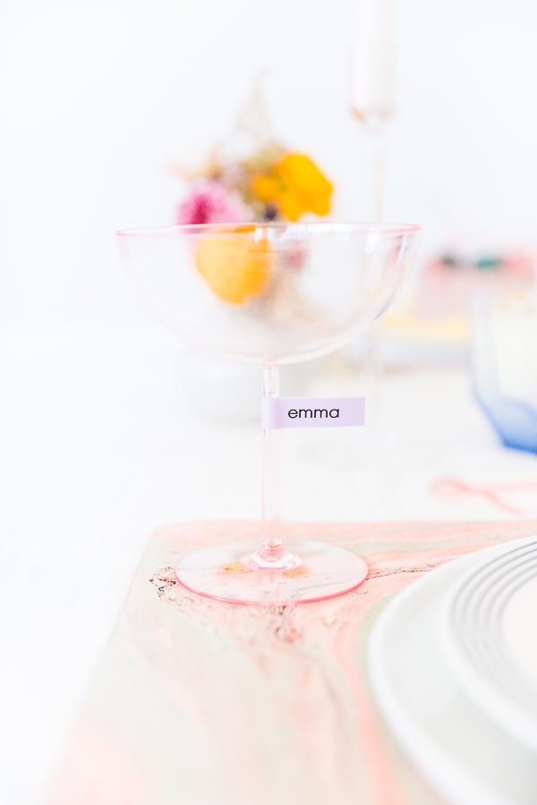 Spring Entertaining Idea: Make drink markers for parties that double as place cards. Click through for all 6 simple tablescape ideas for spring and Easter entertaining. #entertaining #modernentertaining #easter #pastels #flowerpower #floralcenterpiece #diy