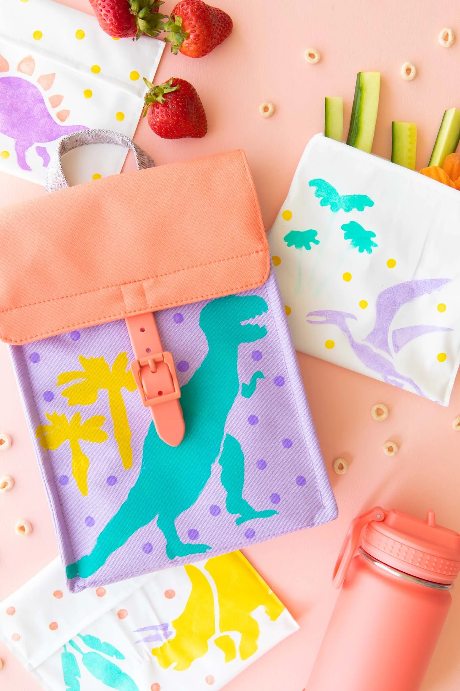 dinosaur stenciled backpack and lunch bags fro kids