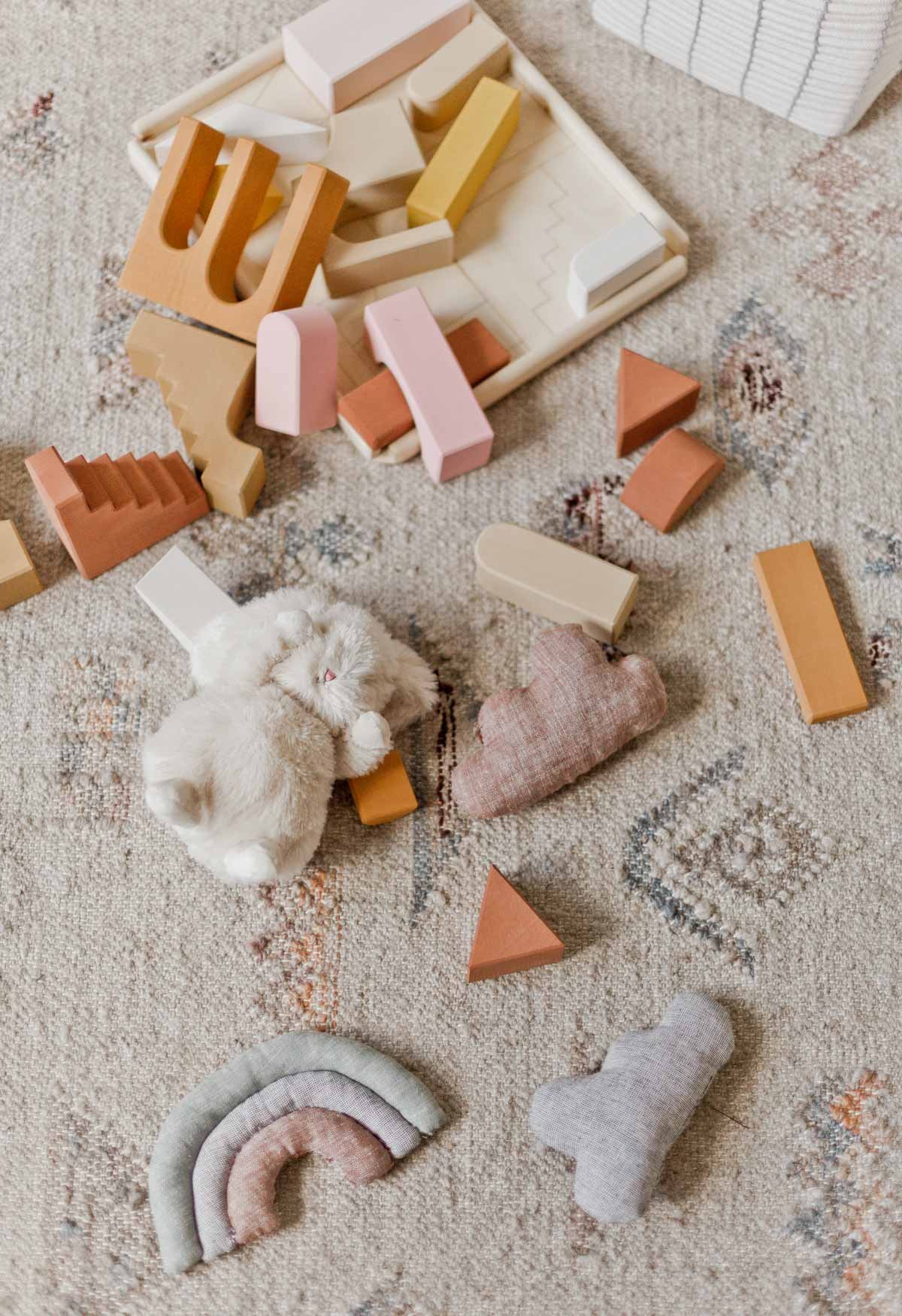 toddler's neutral toys laid out on floor to play with
