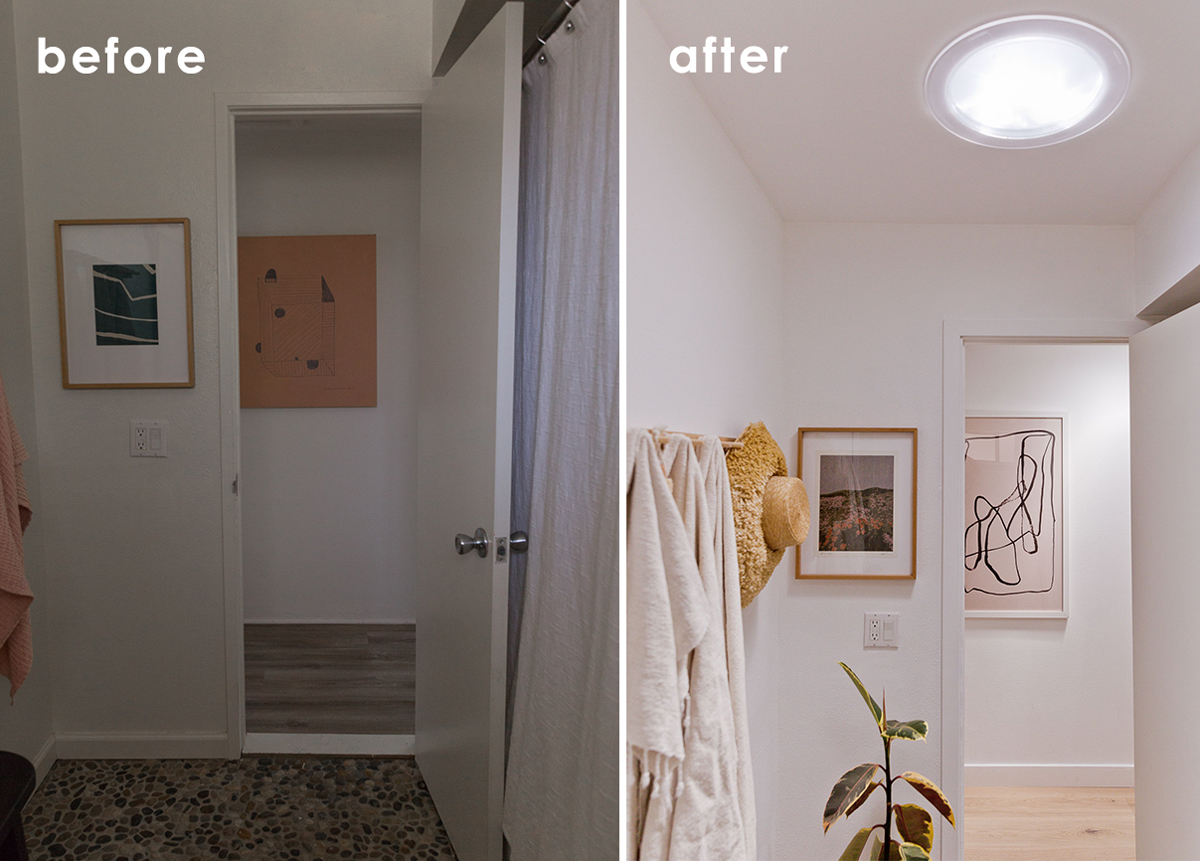 Before and after bathroom transformation in minimal, neutral space