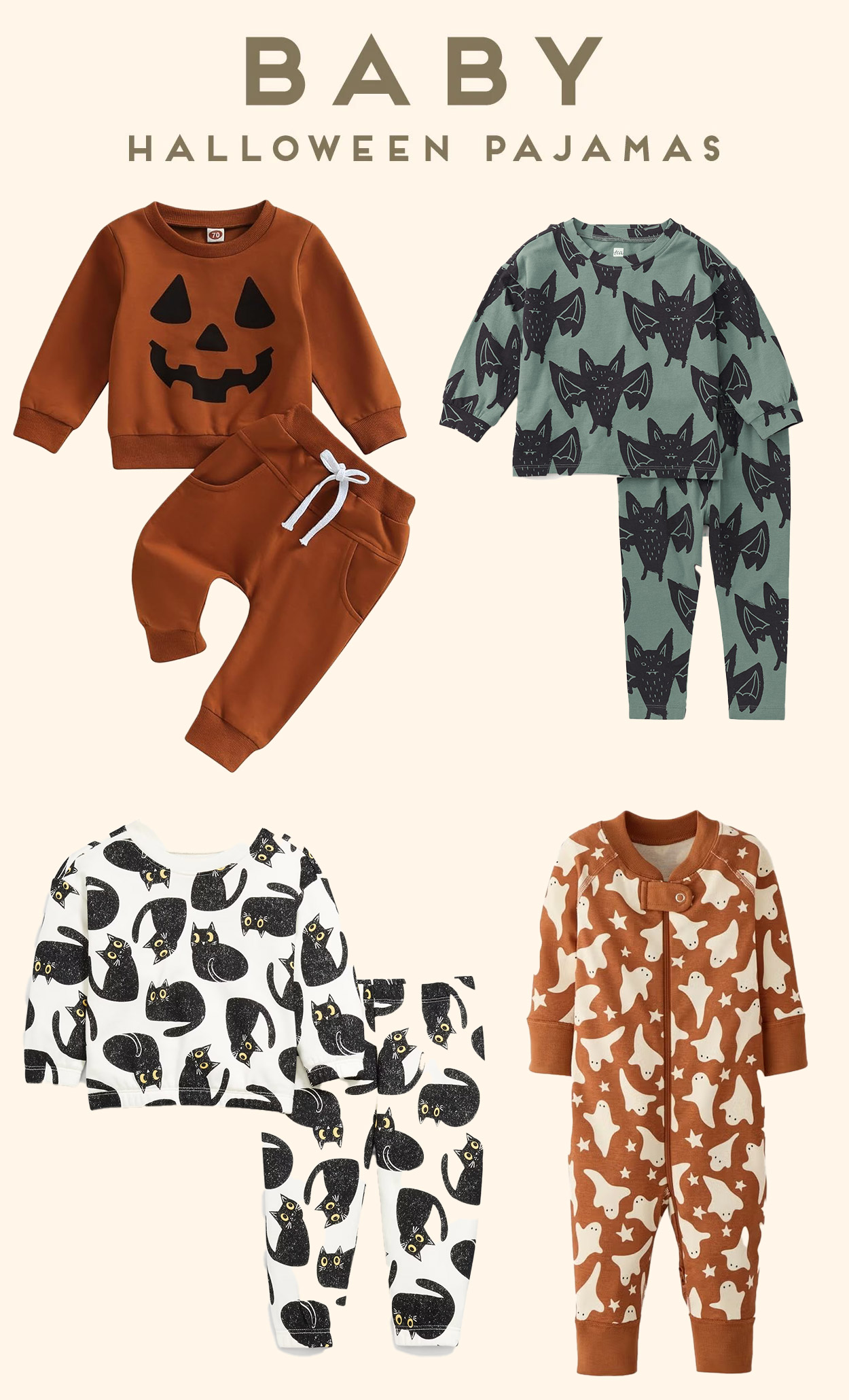 Baby Halloween pajamas, featuring jack-o-lantern pumpkins, ghosts, and cute pets