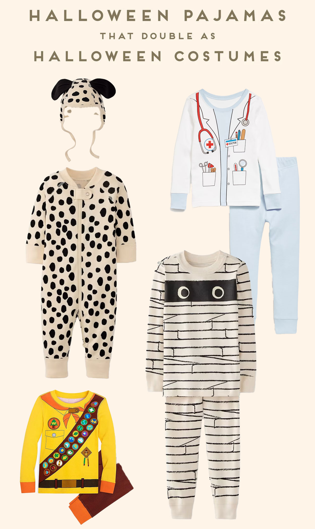 Halloween pajamas that double as Halloween costumes - featuring mummy costume, dog costume, doctor costume, and more.
