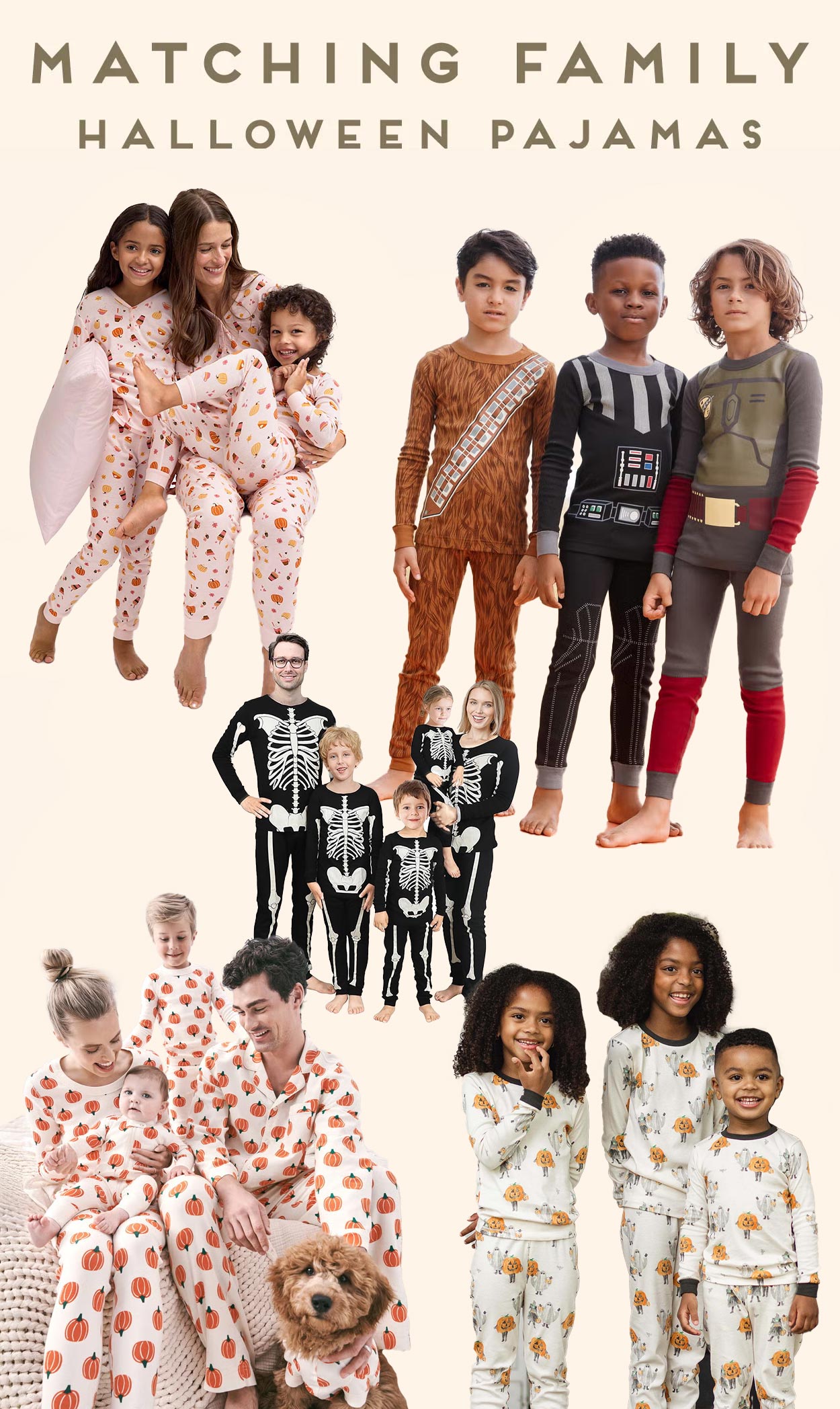 family halloween pajamas that feature ghost prints, pumpkins, star wars, and skeletons