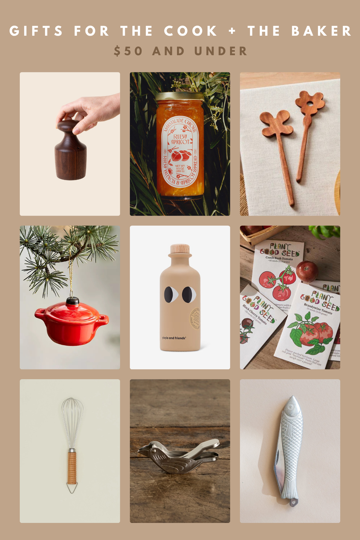 inexpensive gifts for people who love to cook, including kitchen tools, fruit and veggie seeds, food-themed ornaments, and more