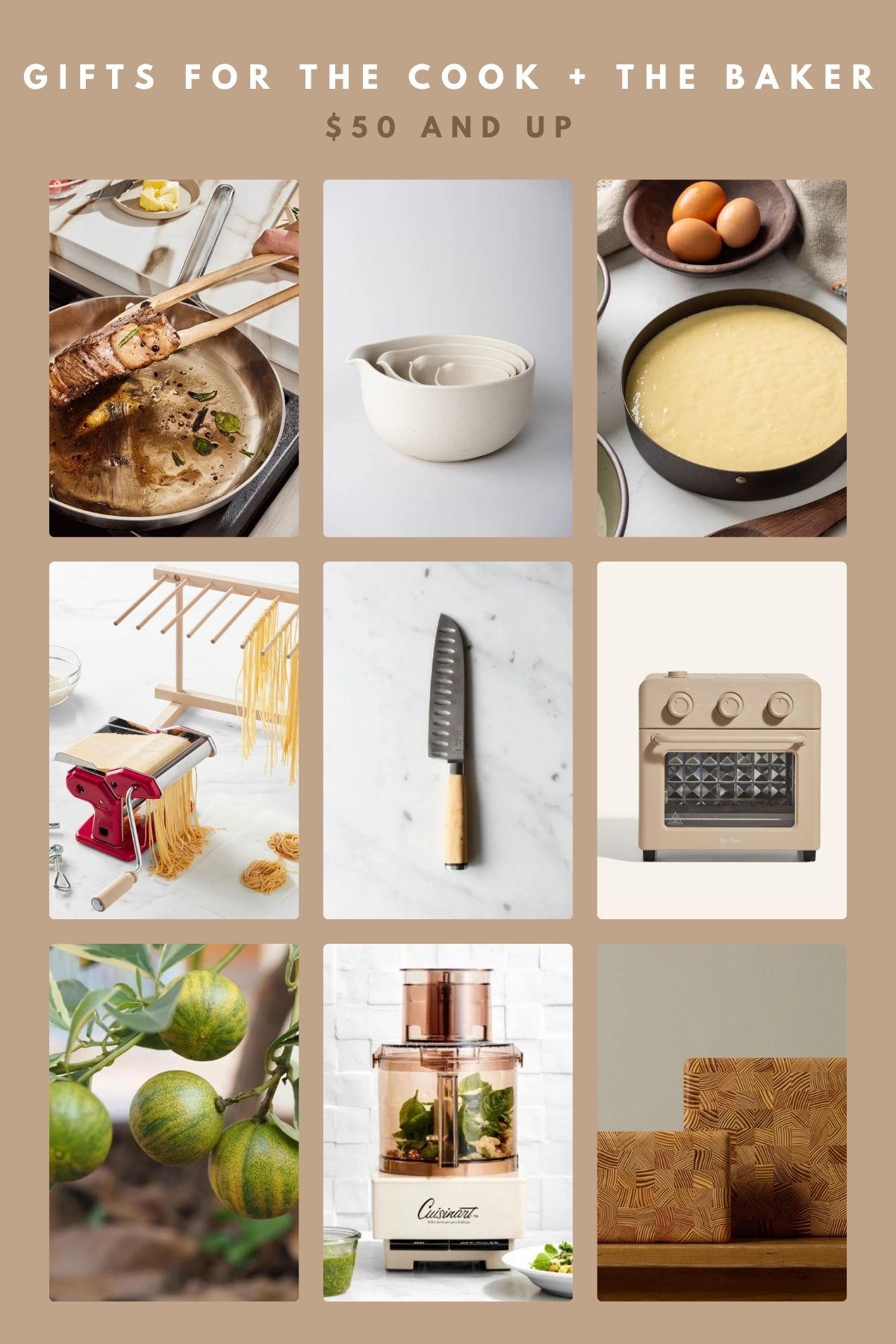 gifts for the cook, featuring a pasta maker, frying pans, mixing bowls, cutting boards, and more
