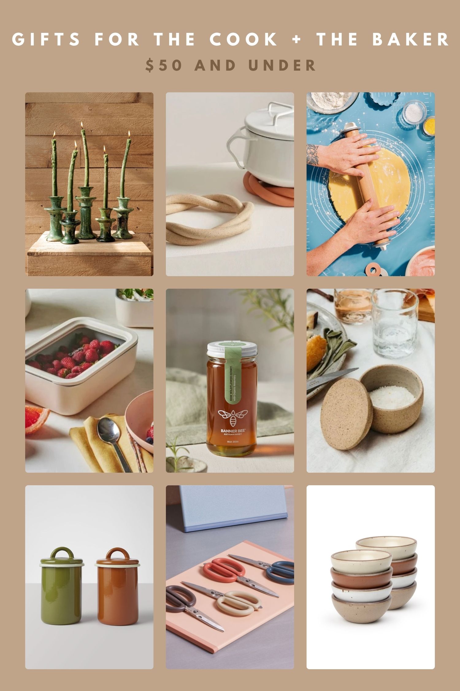 roundup of cute gifts under $50 for a cook or baker