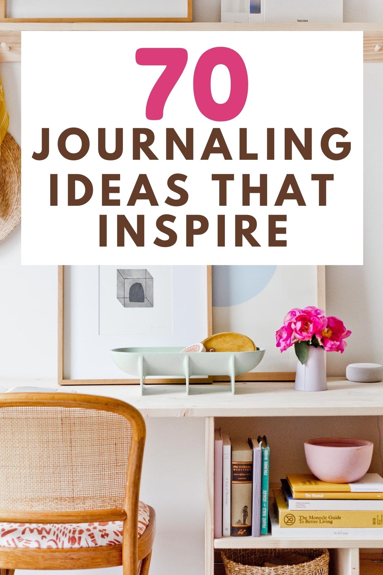 minimal modern desk with journals and a vintage chair