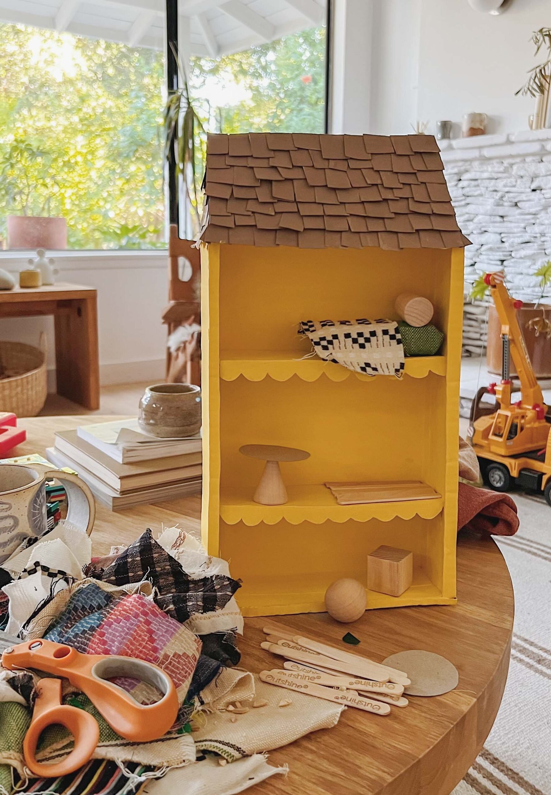 yellow dollhouse diy with homemade tiny furniture 
