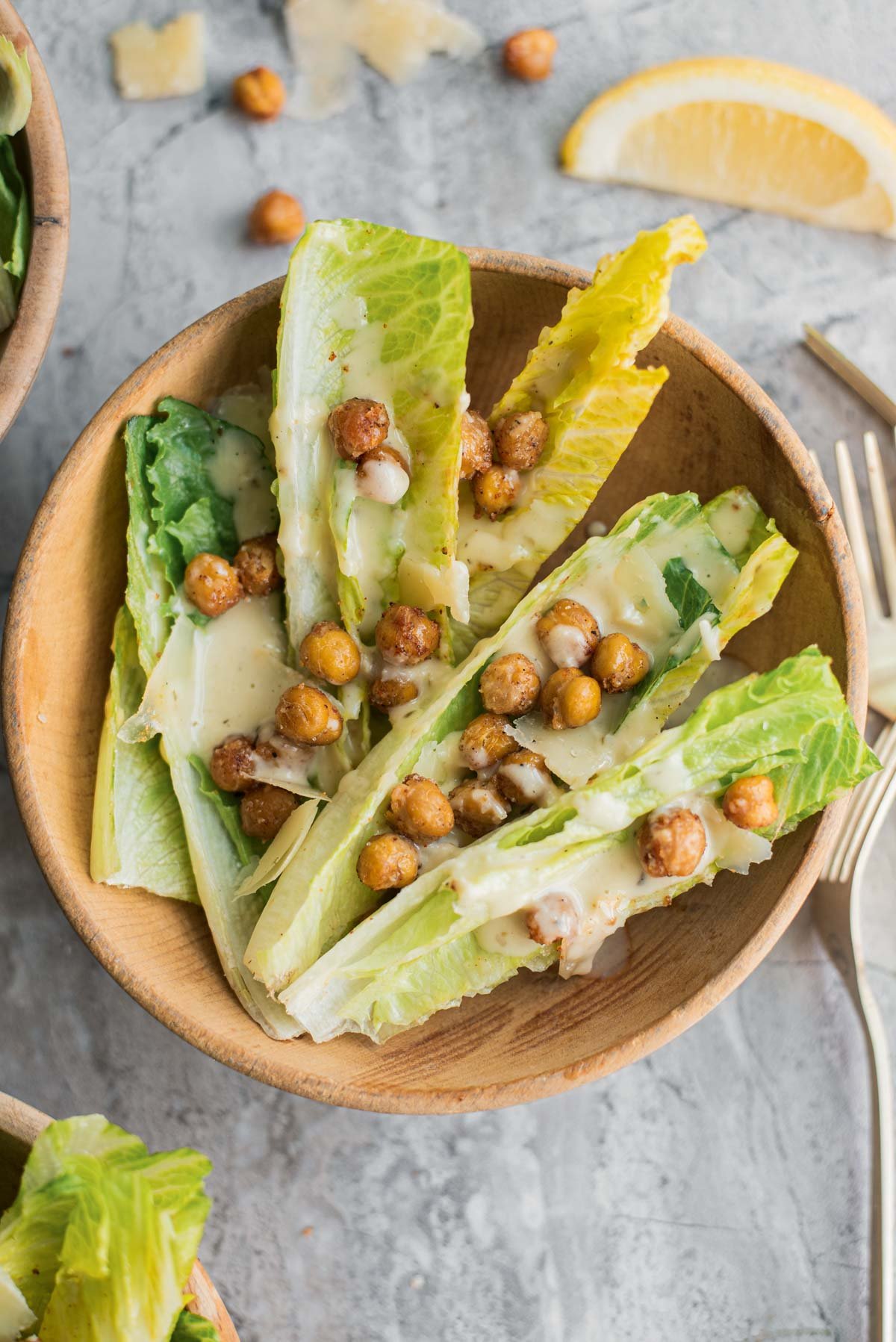 small salad bowl with romaine lettuce and roasted chickpeas