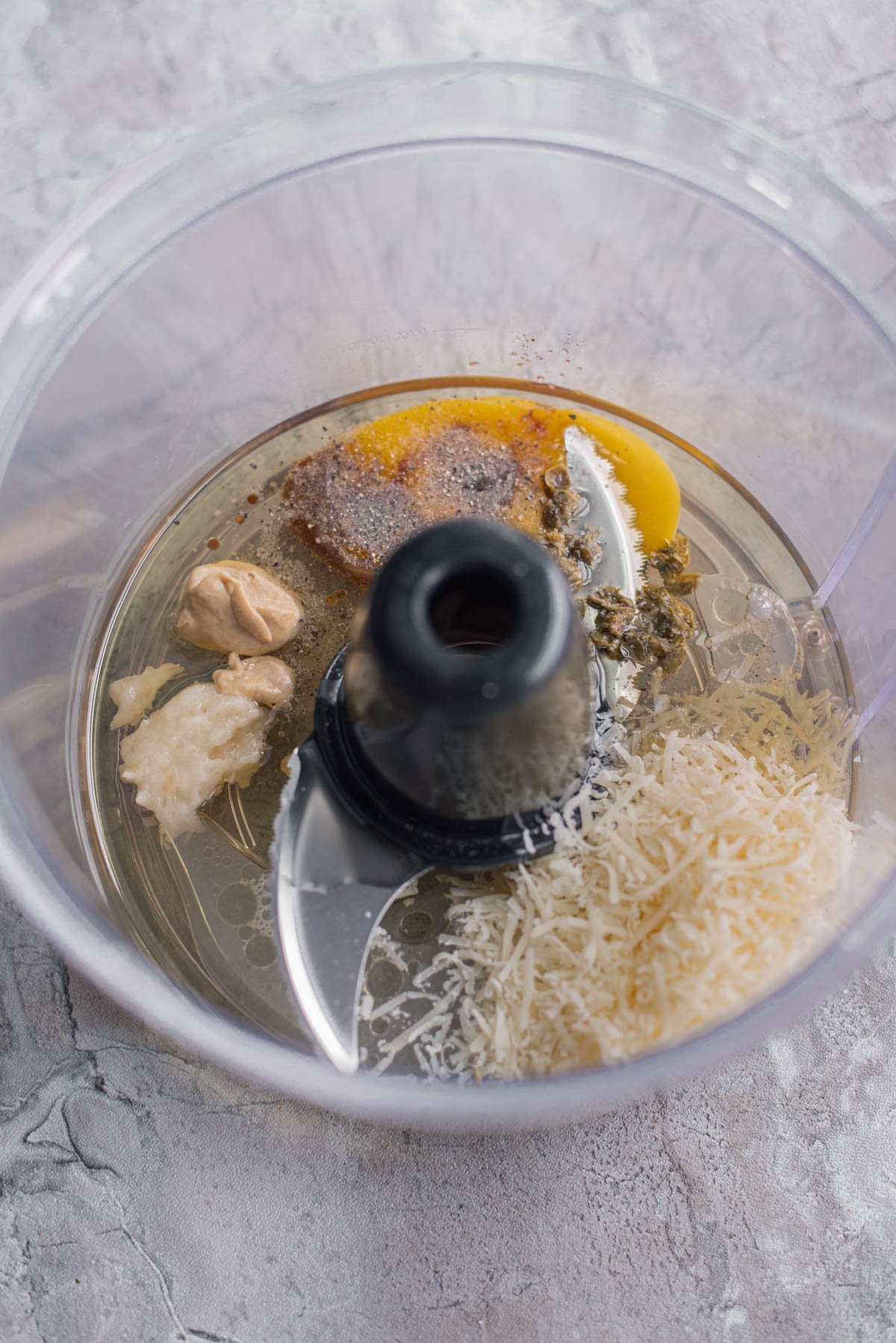 ingredients for homemade salad dressing, in food processor