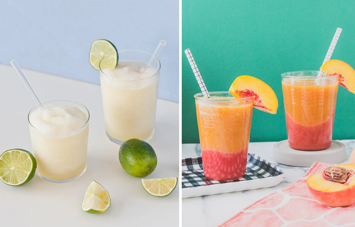 2 frozen cocktails sitting on countertops