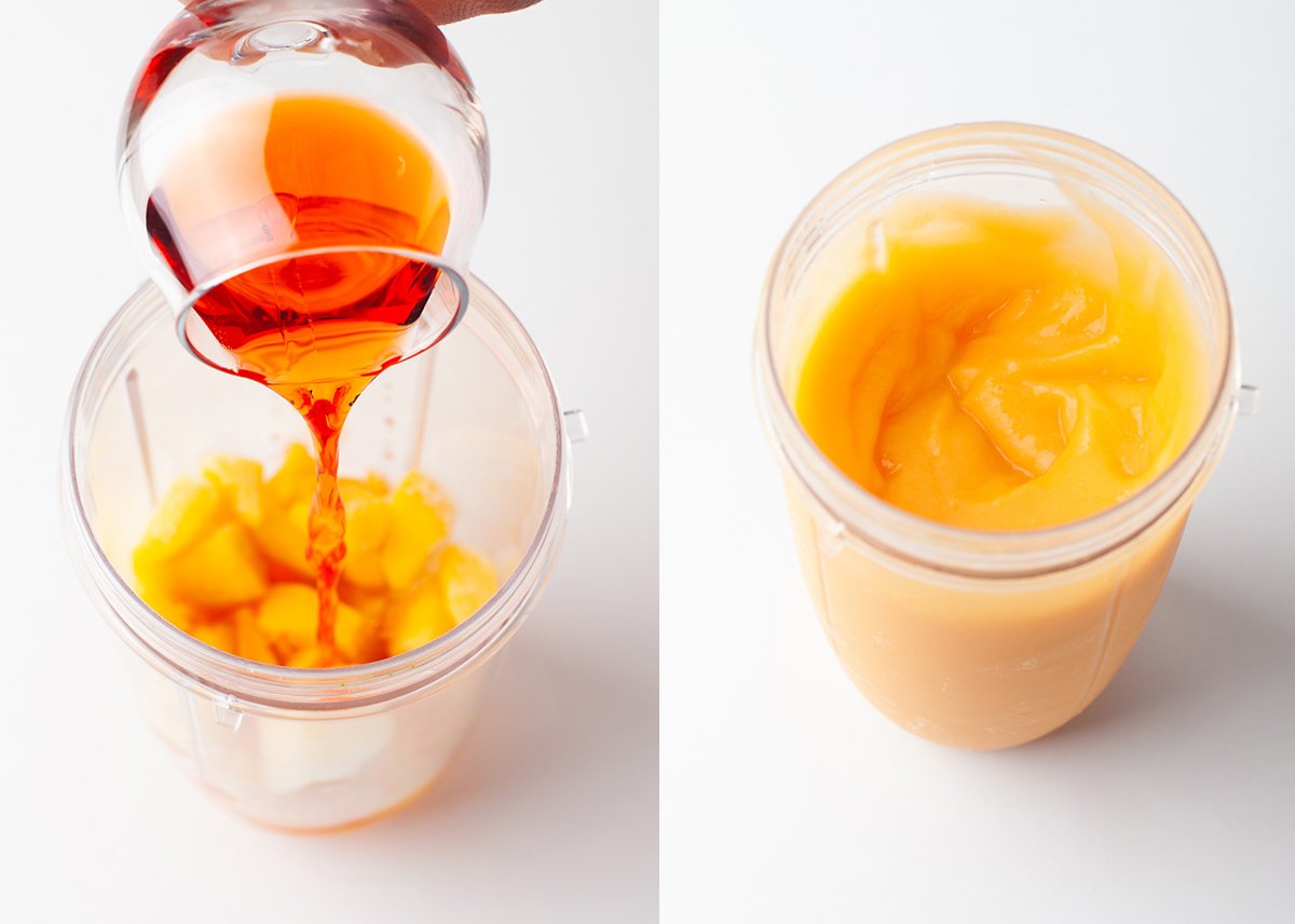 pouring ingredients for a frozen cocktail into a blender and a side by side of it blended