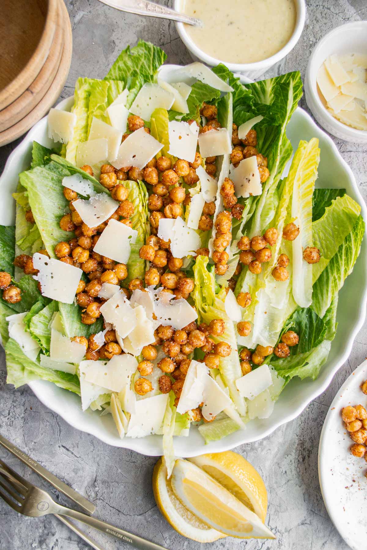 closeup for salad with roasted chickpeas and shaved parmesan