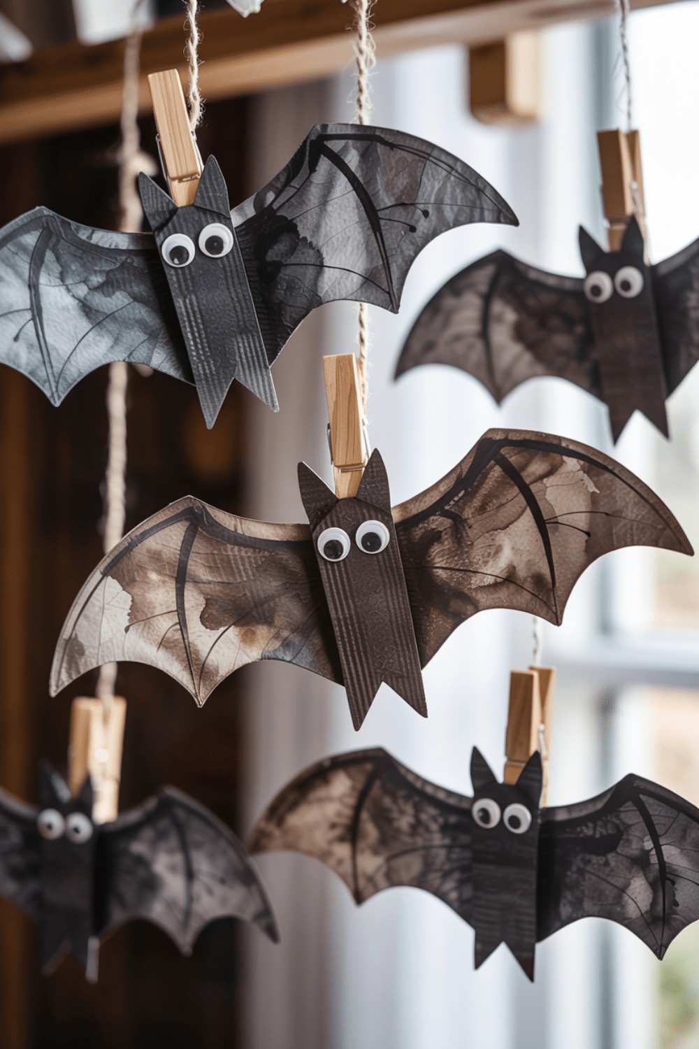 crafty bats hanging from a string with googly eyes
