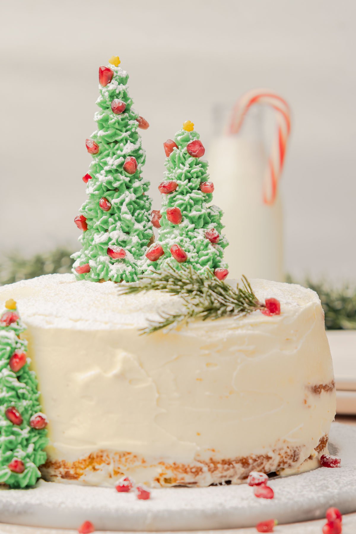 simple cake with decorated edible christmas trees on top