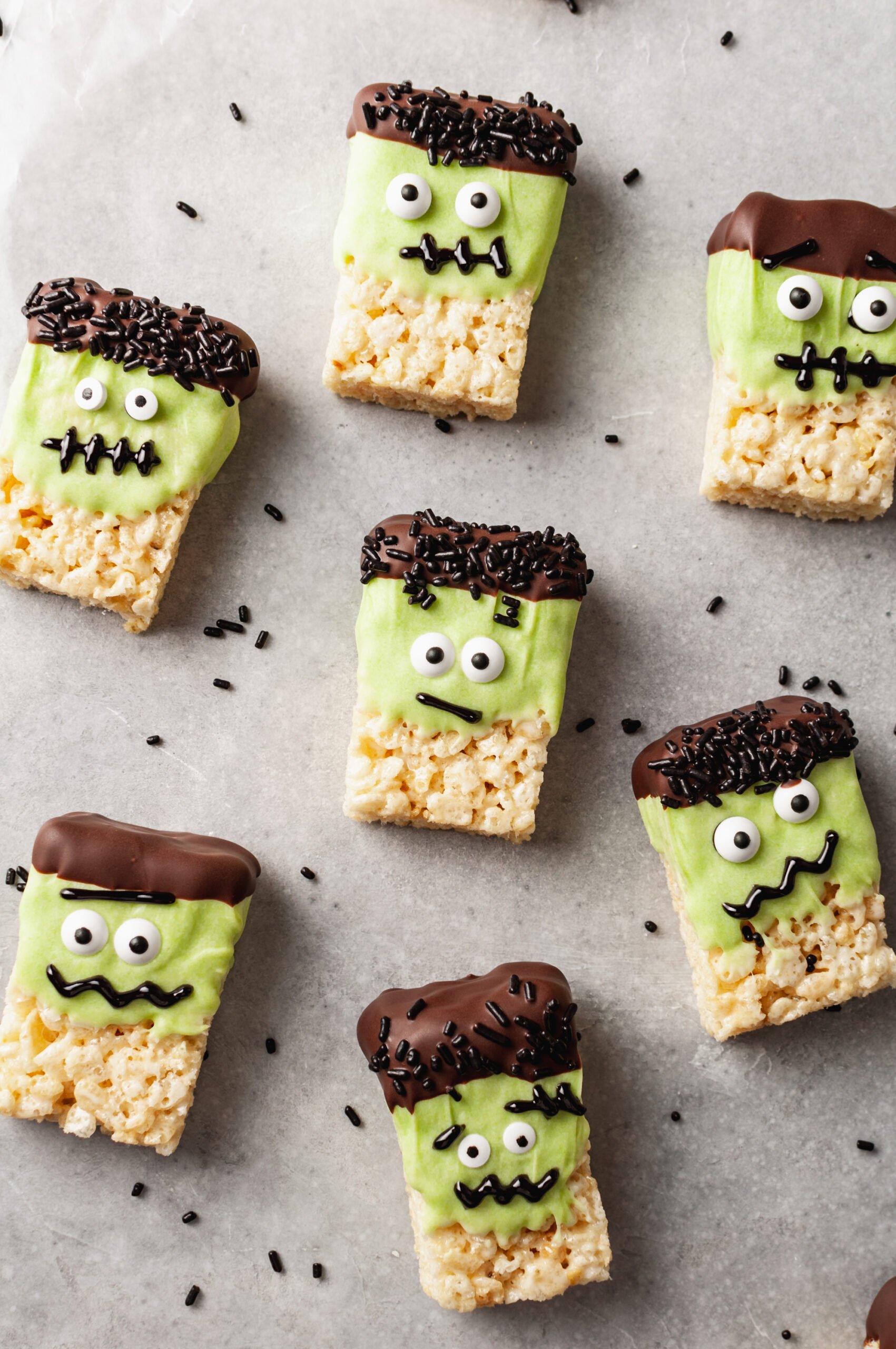 monster halloween rice krispie treats that look like green Frankenstein monsters