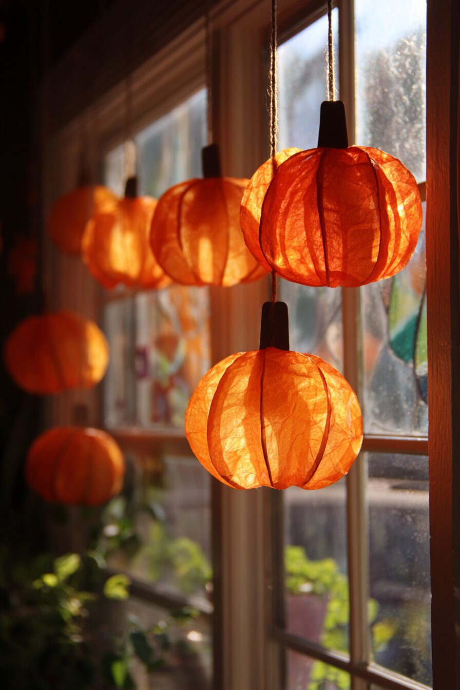 hanging tissue paper pumpkin crafts in the window