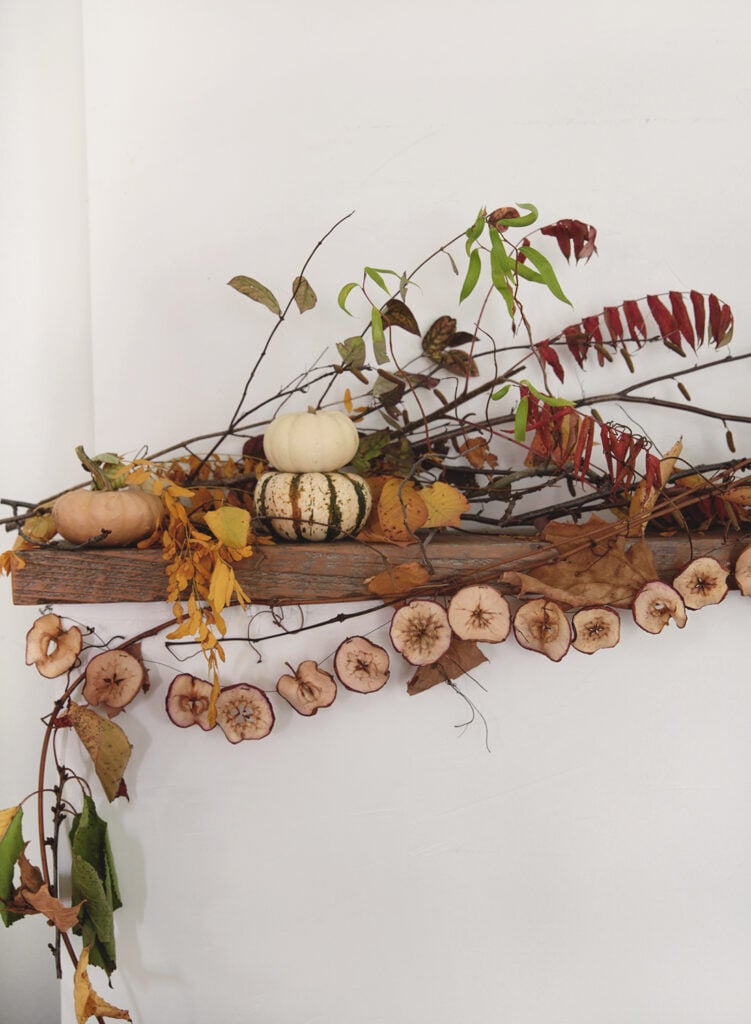 dried apple garland on a wood shelf with other fall decor