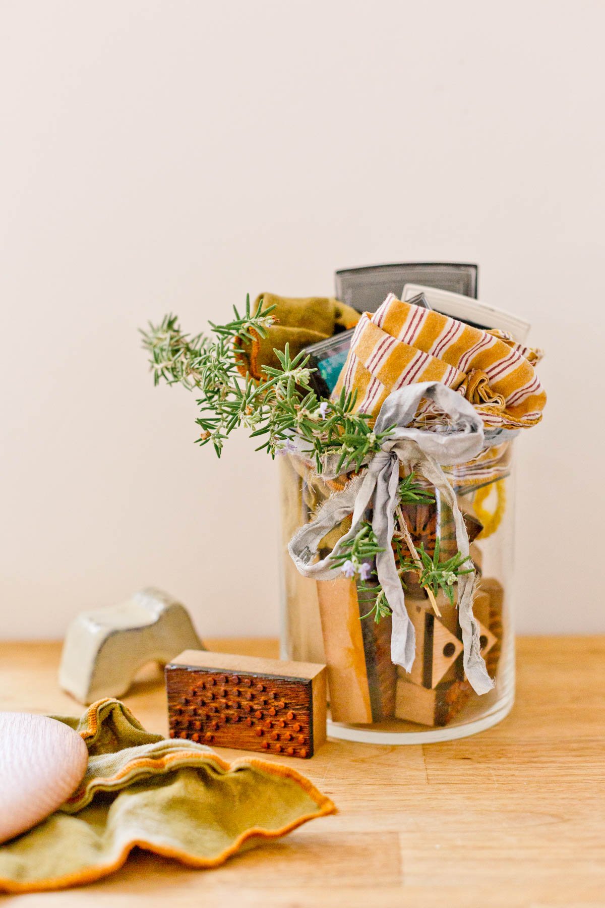 block printing gift kit with a glass jar and handmade stamps