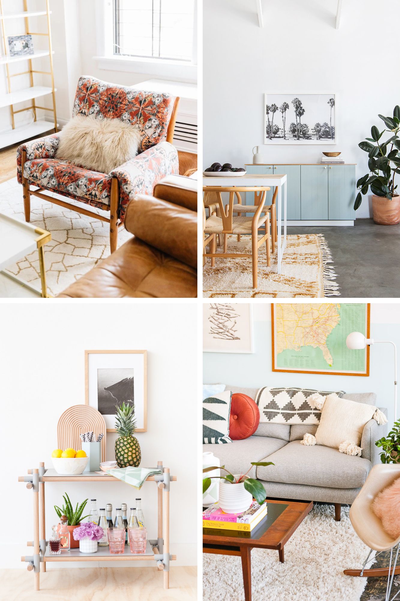 roundup of diy furniture projects, including a living room chair, bar cart, sofa, and built-in cabinet idea