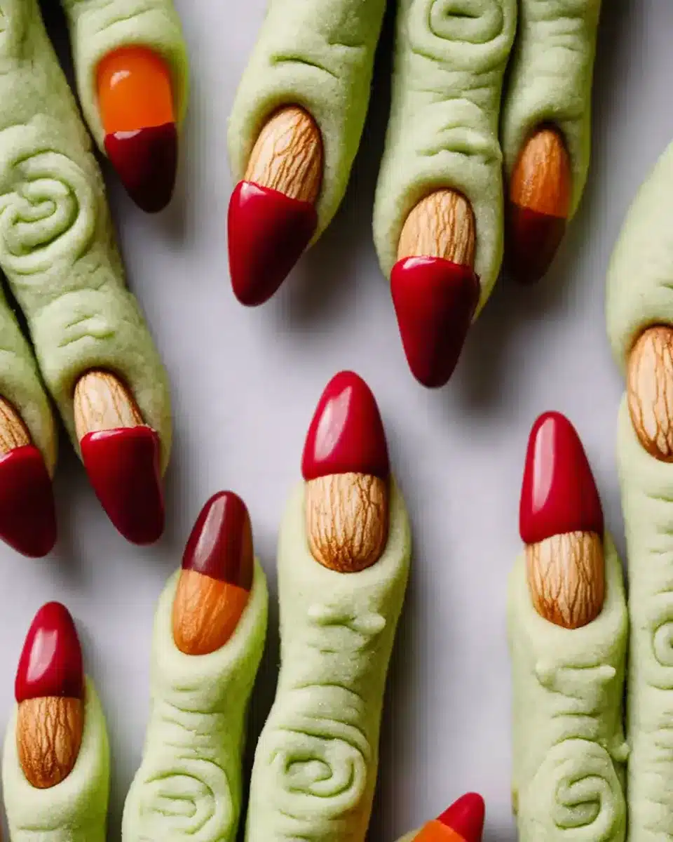 cookies that look like green fingers with long almond fingernails that have been painted in red chocolate