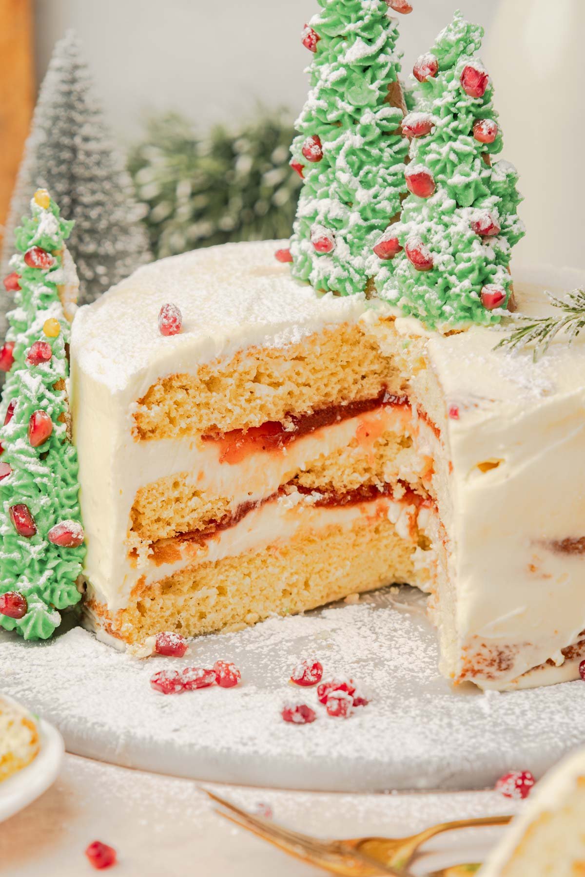 whole christmas cake with large slice taking out of it, so the 3 layers can be seen