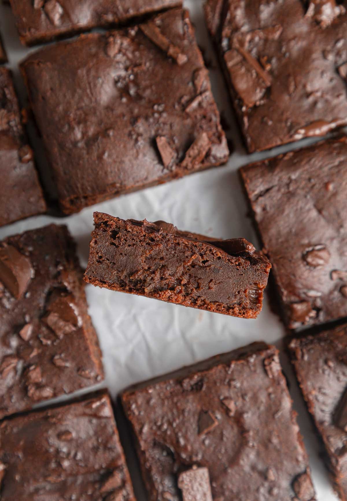 detail of sweet potato brownies, after they've been cut into squares 