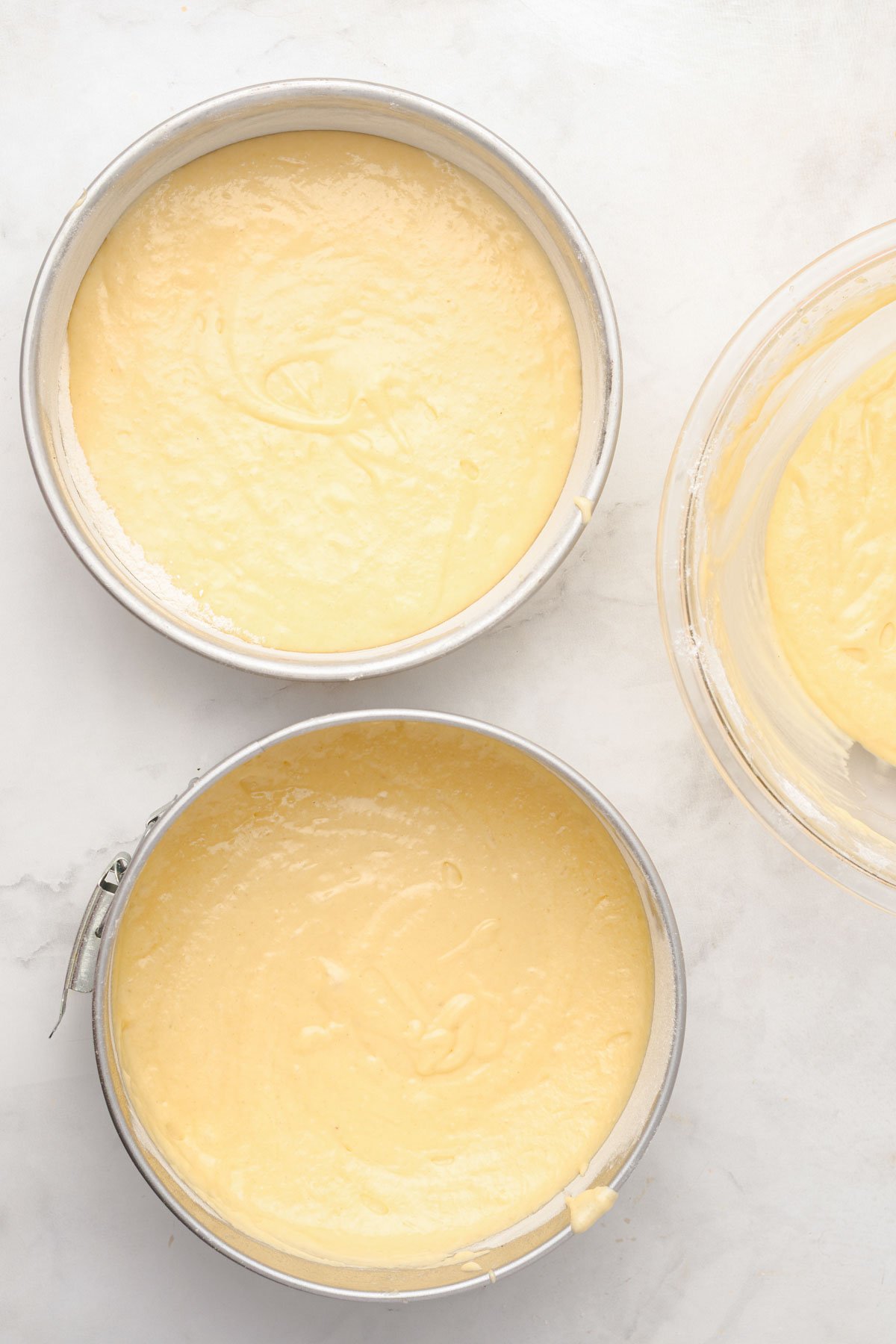 cake batter separated into two circular springform pans