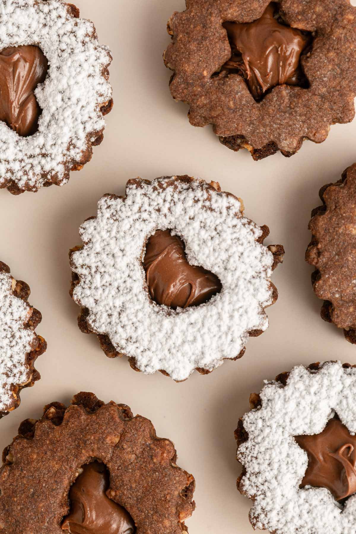 closeup details of chocolate hazelnut sandwich cookies