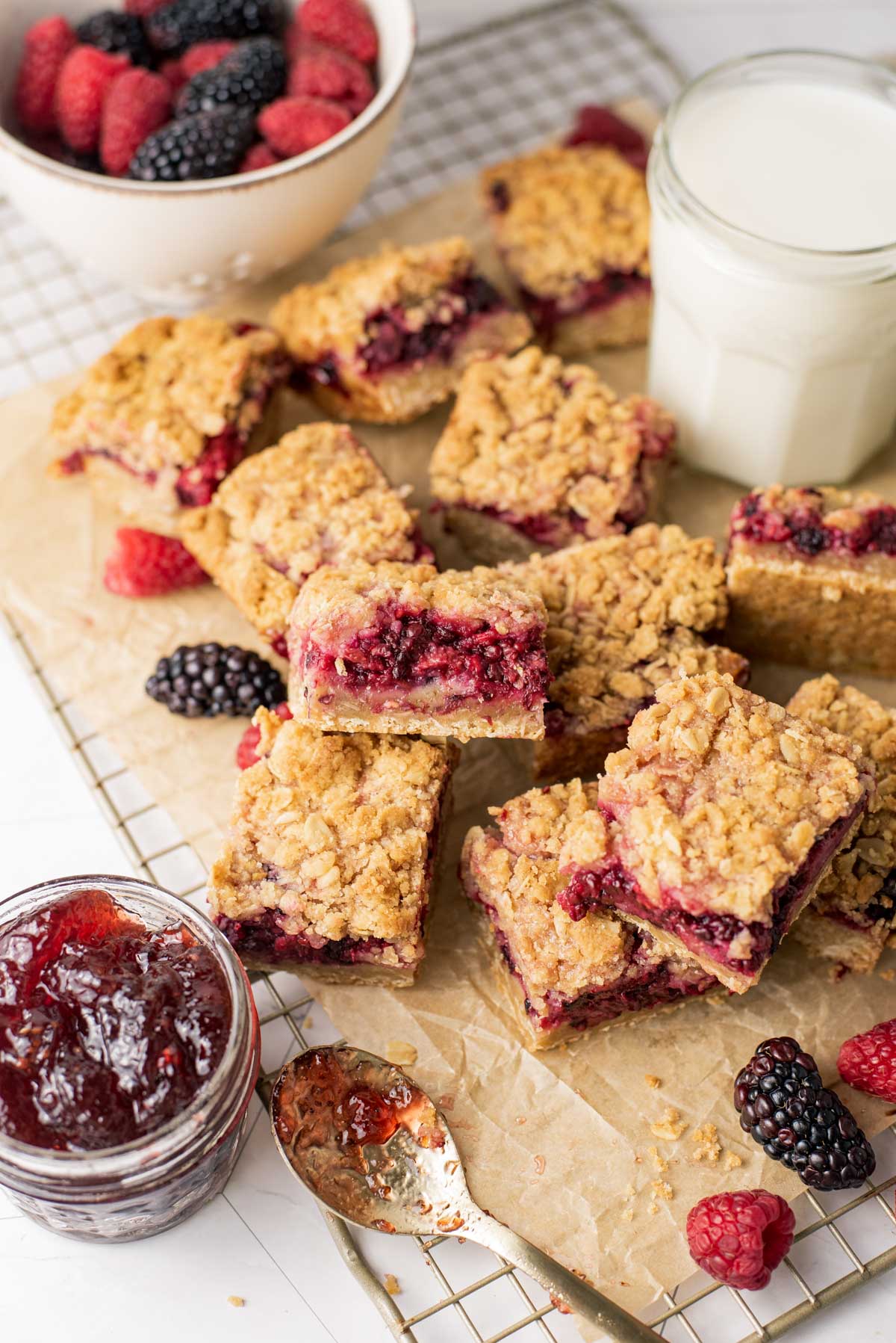 cut up shortbread bars ith milk and jam