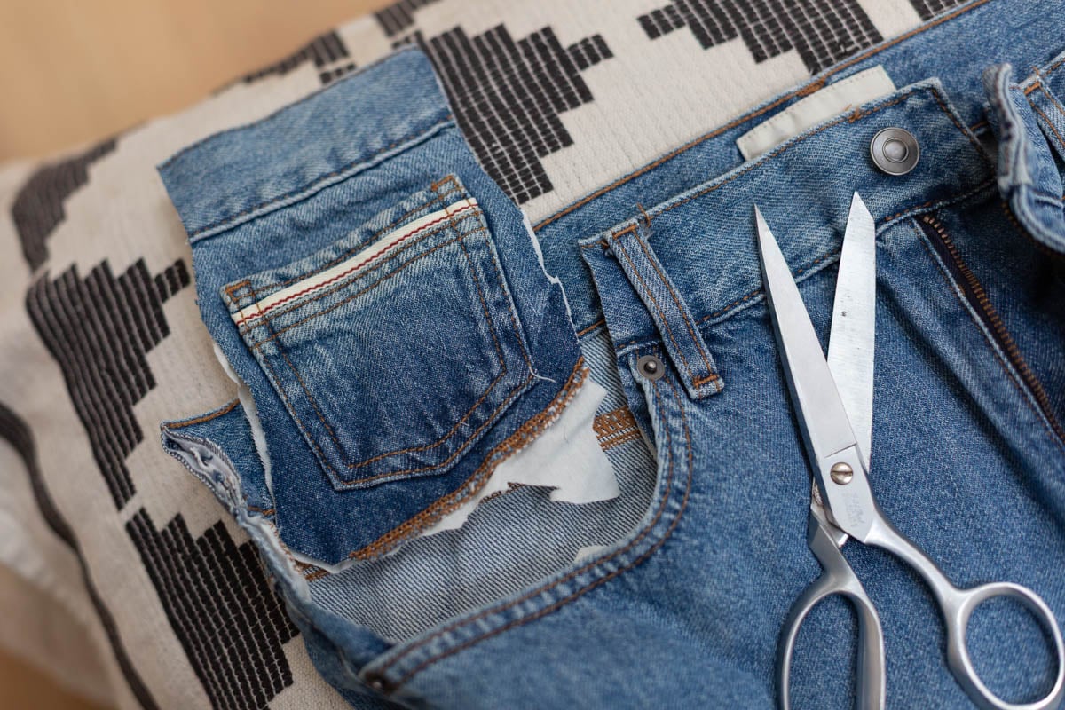 cutting small pocket from denim pants for a craft project