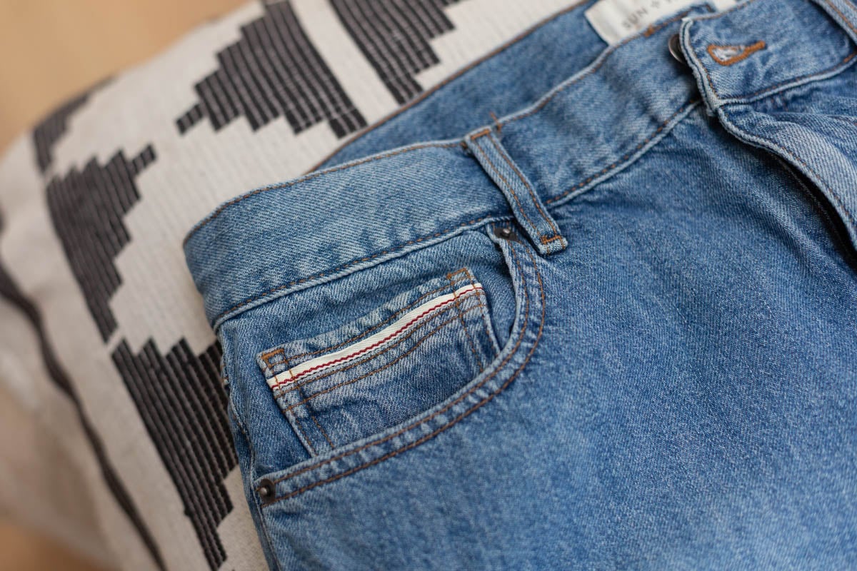 closeup of denim jeans with a small watch pocket in the front
