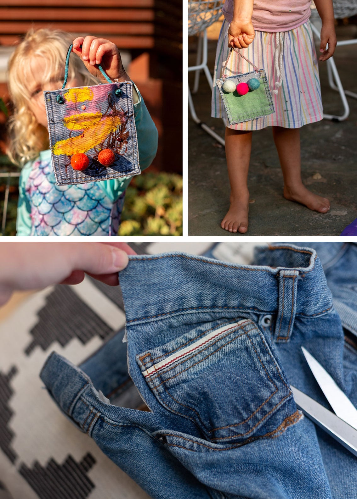 cutting a pair of denim jeans with scissors to make small pouches and purses