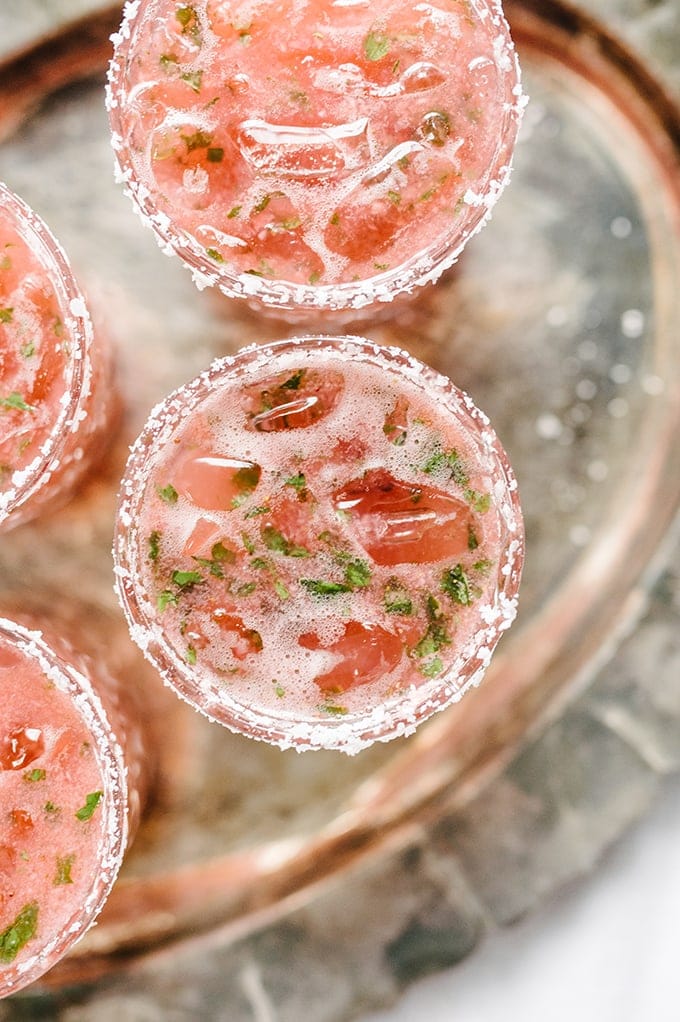 strawberry basil margaritas, with salt rim, and served on a silver tray
